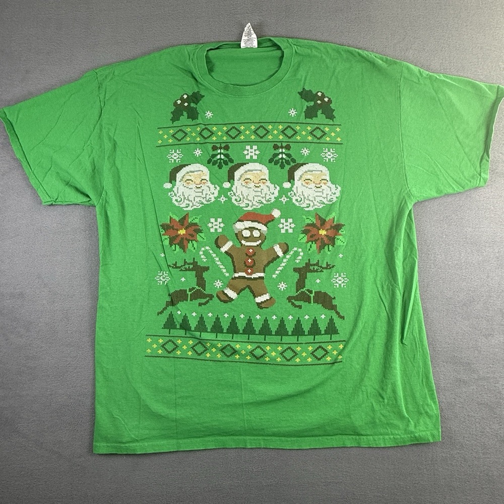Christmas Santa Gingerbread Man Ugly Sweater‎ T Shirt Green 2XL Green